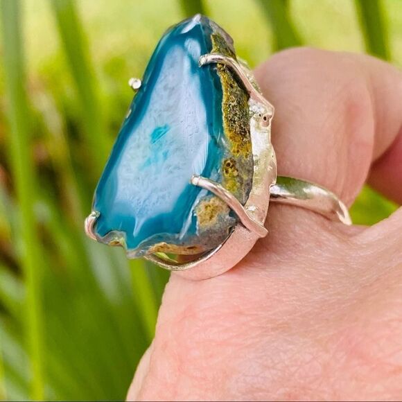Marine Blue Agate Geode Sterling Silver Ring Size 6 - Picture 6 of 12